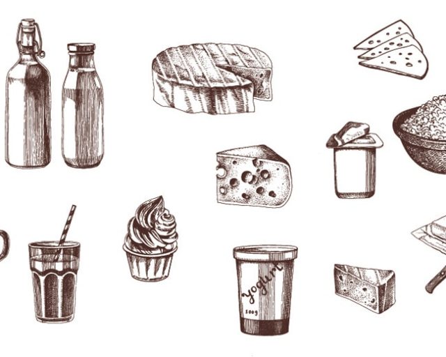cheese, milk, yogurt, and various dairy items are shown in a group
